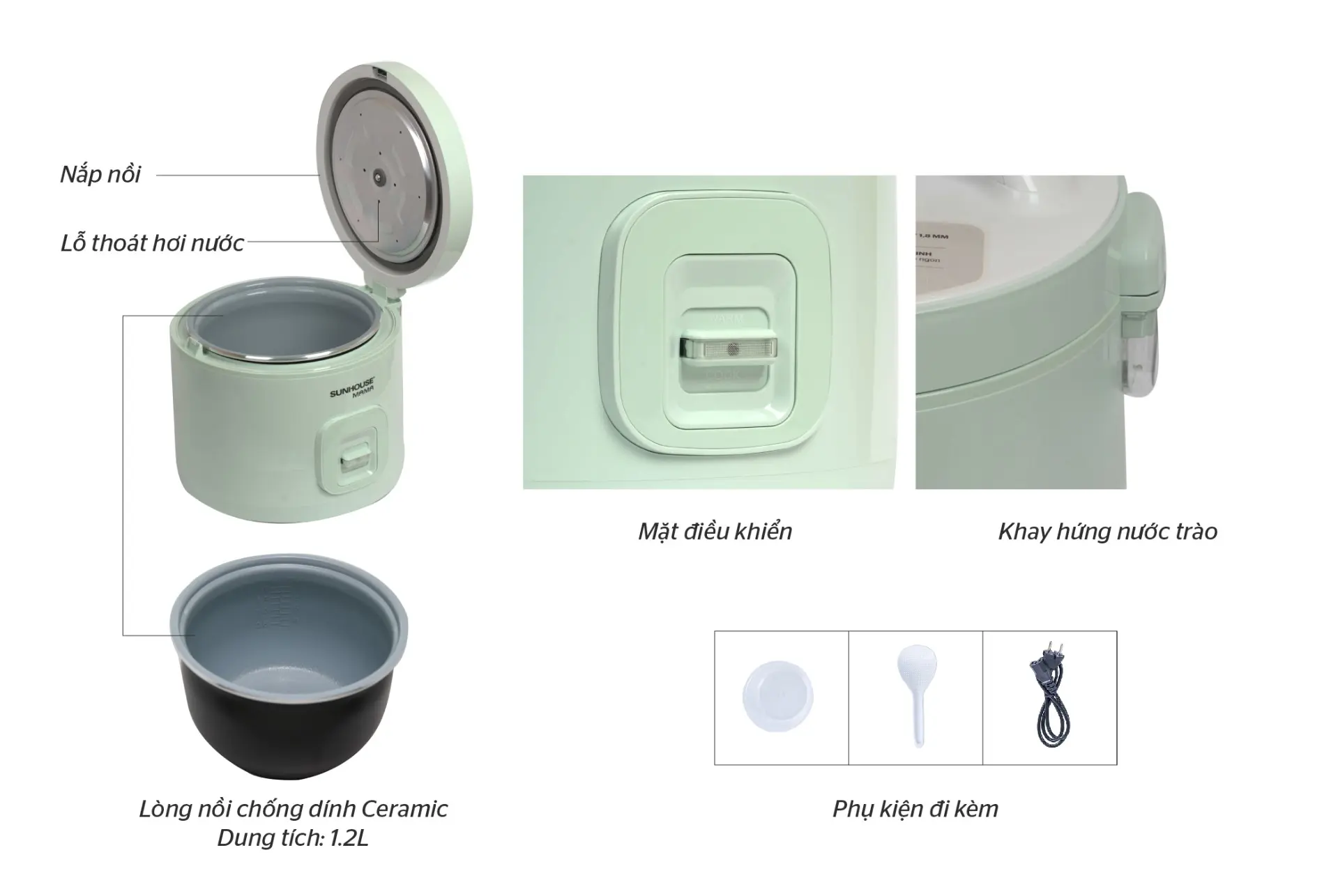 Cấu tạo nồi cơm điện SUNHOUSE SHD8265B cùng lòng nồi và phụ kiện