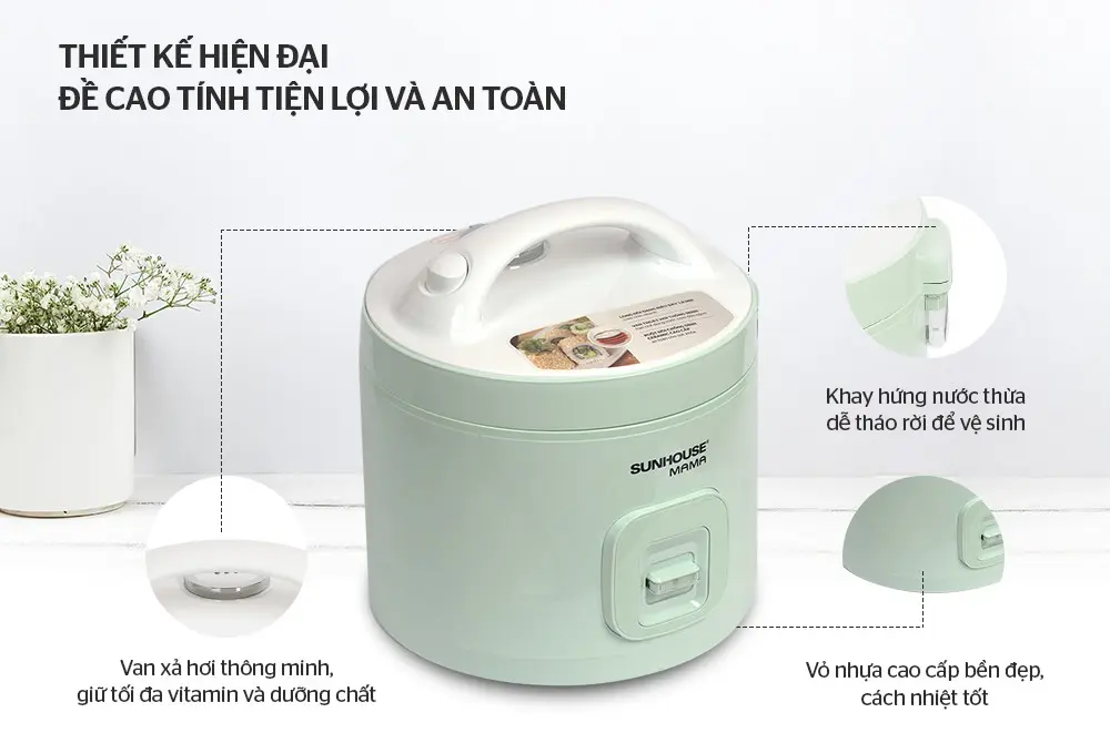 Thiết kế nồi cơm điện SUNHOUSE SHD8265B với van xả hơi và khay hứng nước tháo rời