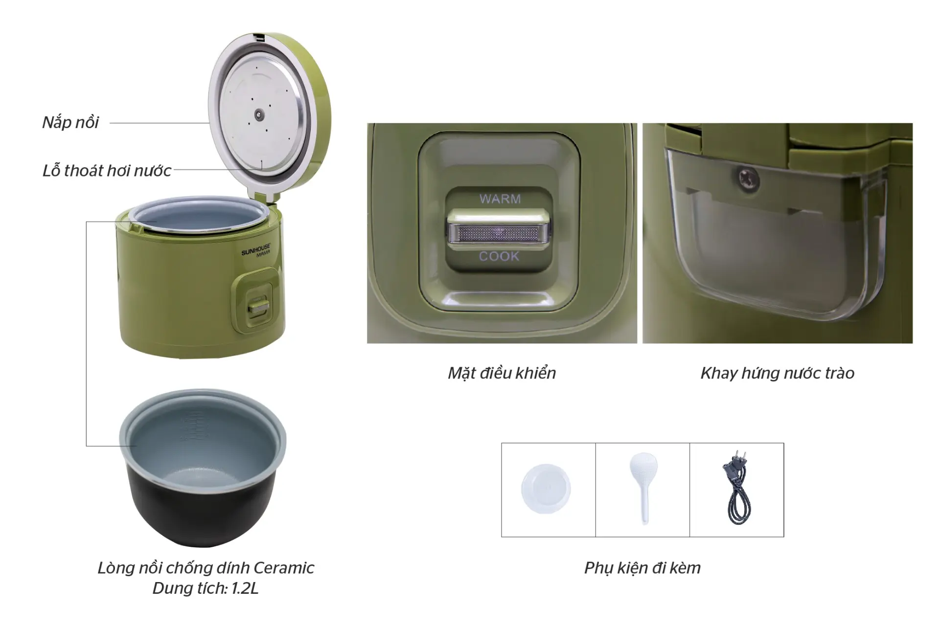Chi tiết nắp, lòng nồi Ceramic, bảng điều khiển và phụ kiện nồi cơm điện SUNHOUSE SHD8265G