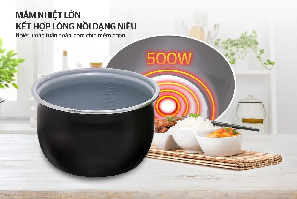 Lòng nồi chống dính và mâm nhiệt 500W của nồi cơm điện SUNHOUSE SHD8265G