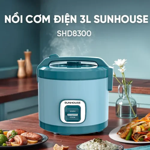 Nồi cơm điện SUNHOUSE SHD8300 3 lít màu xanh trong không gian bếp