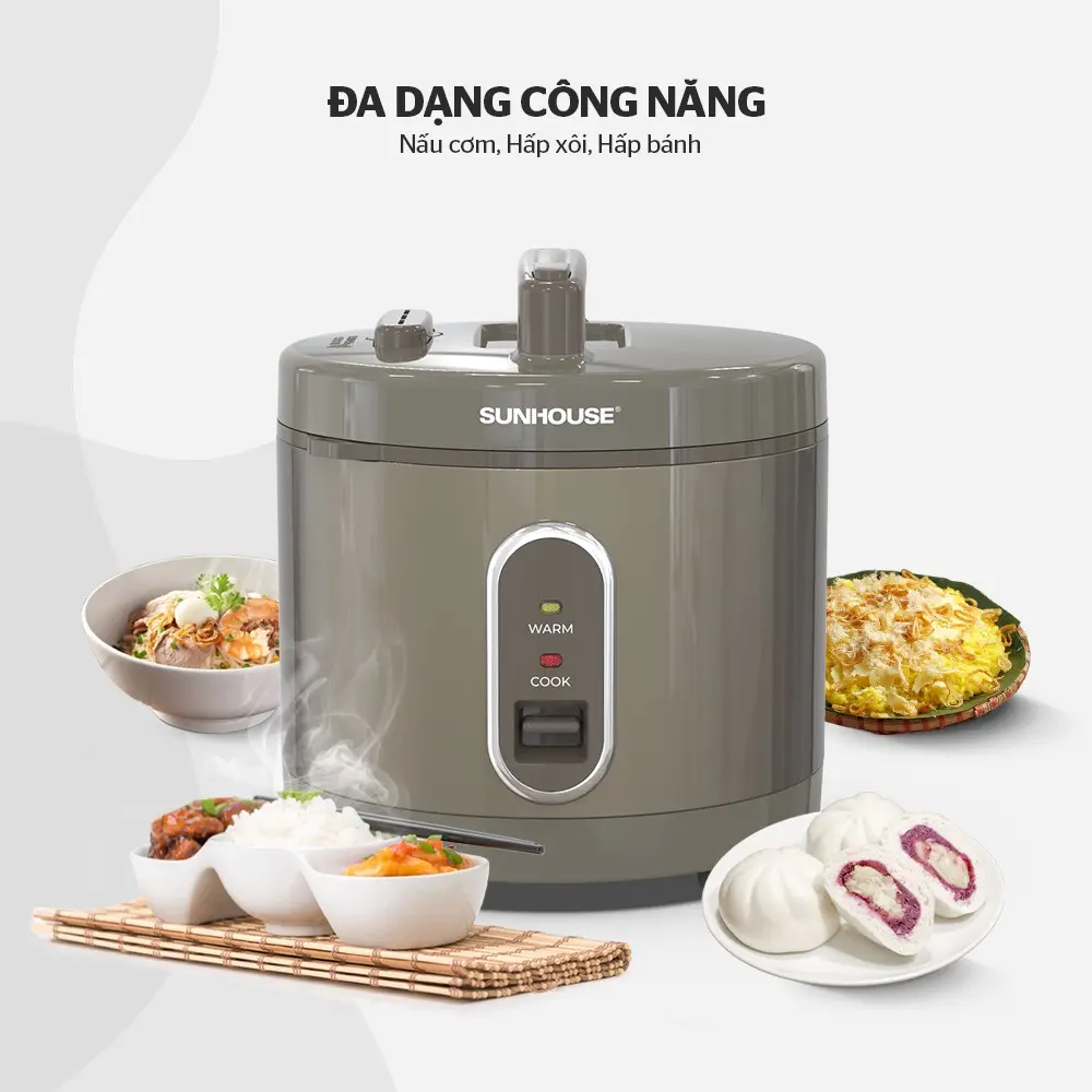 Nồi cơm điện SUNHOUSE SHD8308 3 lít màu nâu cùng các món ăn minh họa