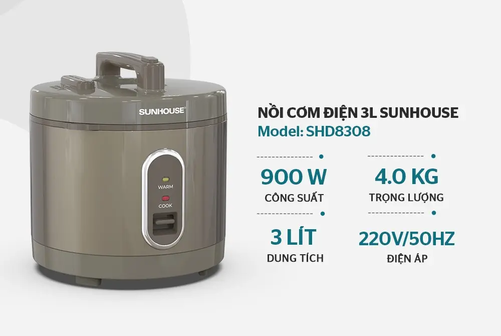 Nồi cơm điện SUNHOUSE SHD8308 3 lít 900W màu nâu