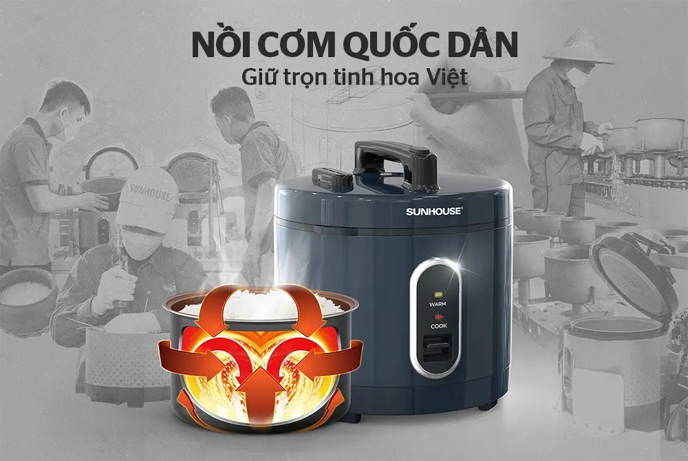 Nồi cơm điện SUNHOUSE SHD8309 với minh họa nhiệt tỏa đều