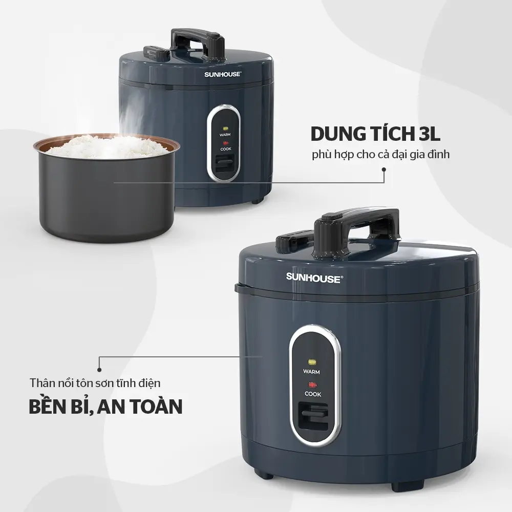 Nồi cơm điện SUNHOUSE SHD8309 dung tích 3 lít, thân tôn sơn tĩnh điện và lòng nồi chống dính
