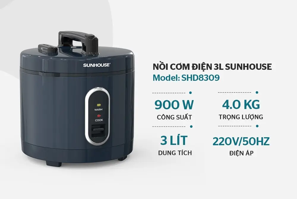Nồi cơm điện SUNHOUSE SHD8309 3 lít 900W màu xanh đen