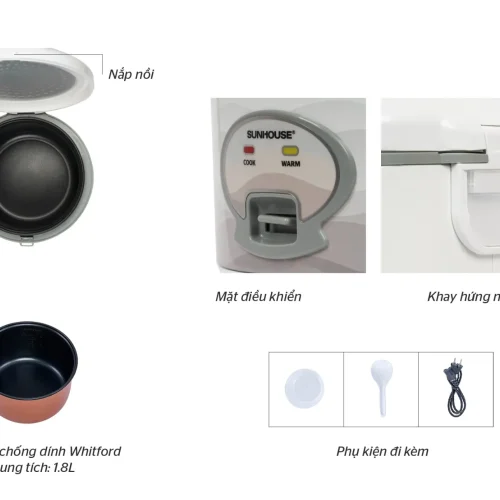 Cấu tạo nồi cơm điện SUNHOUSE SHD8602 gồm nắp nồi, lòng chống dính và phụ kiện