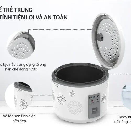 Nồi cơm điện SUNHOUSE SHD8603 mở nắp với khay hứng nước tháo rời
