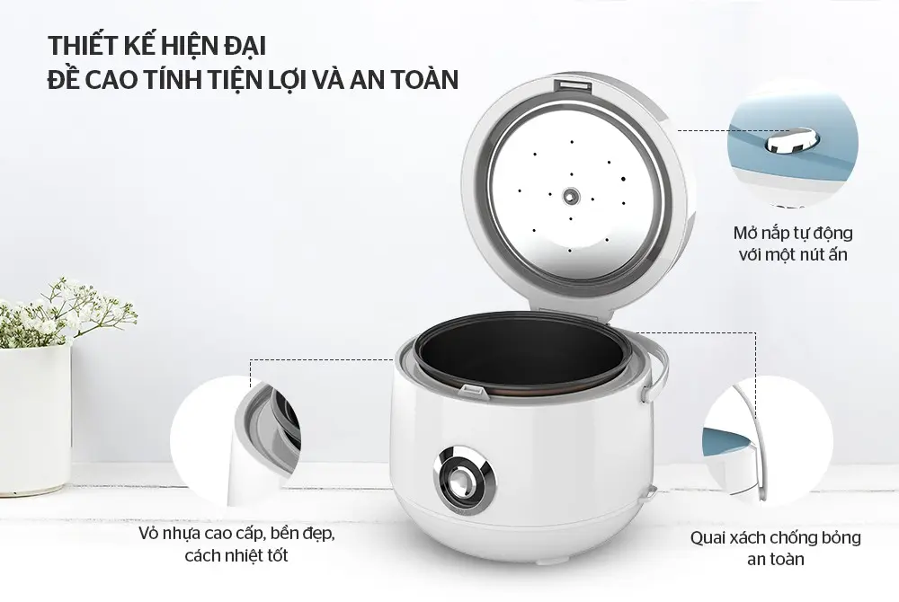 Nồi cơm điện SUNHOUSE SHD8606 mở nắp, có quai xách chống bỏng