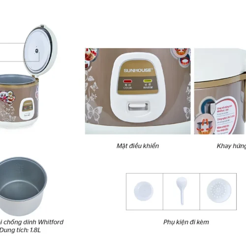 Nồi cơm điện SUNHOUSE SHD8616 với nắp mở, lòng nồi chống dính và phụ kiện đi kèm
