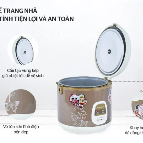 Thiết kế nắp vung kép, vỏ tôn sơn tĩnh điện và khay hứng nước của nồi cơm điện SUNHOUSE SHD8616