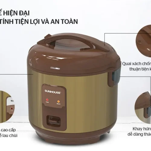 Nồi cơm điện SUNHOUSE SHD8623 màu nâu với quai xách và khay hứng nước tháo rời