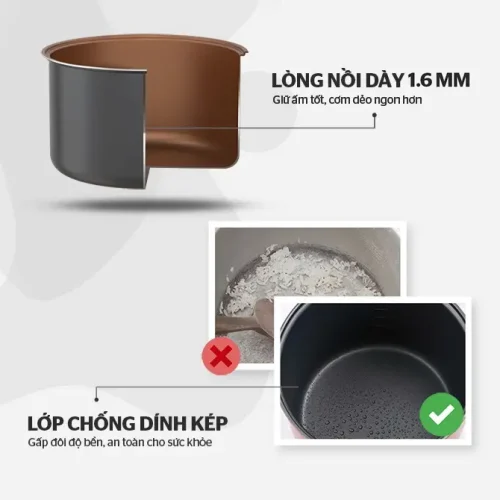 Lòng nồi dày 1.6 mm phủ chống dính kép của nồi cơm điện SUNHOUSE SHD8631