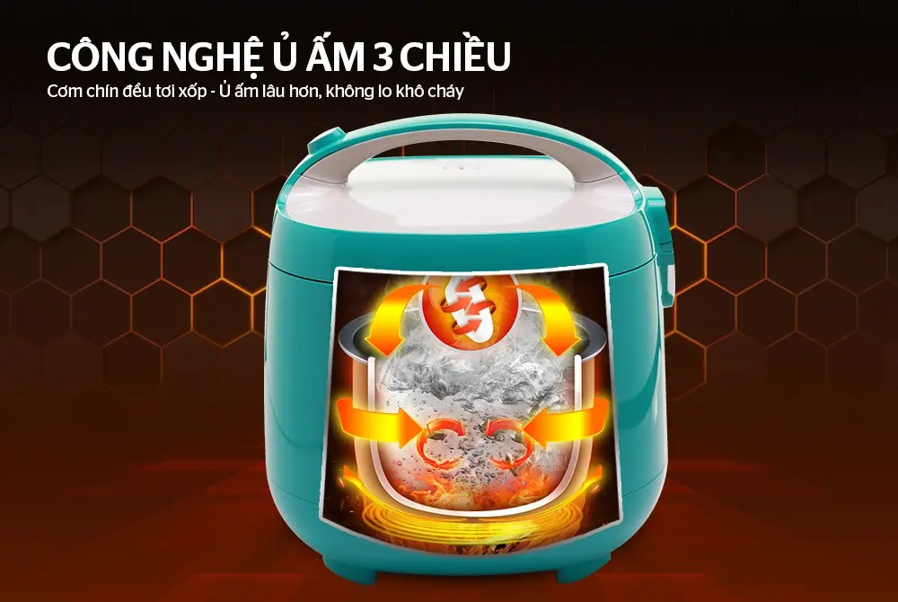 Nồi cơm điện SUNHOUSE SHD8652G màu xanh với công nghệ ủ ấm 3 chiều