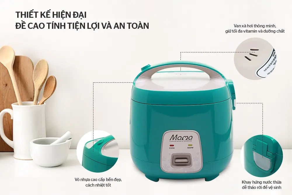 Thiết kế nồi cơm điện SUNHOUSE SHD8652G với van xả hơi và khay hứng nước thừa