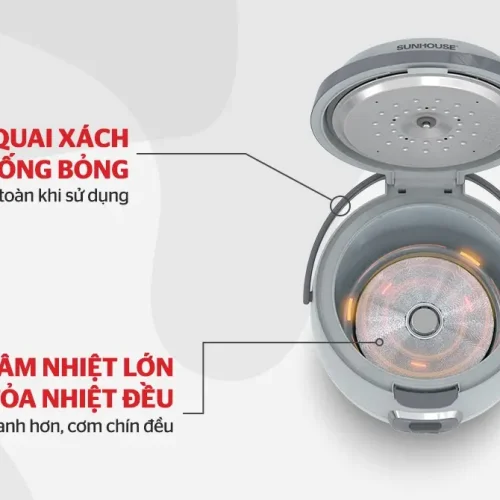 Lòng nồi cơm điện SUNHOUSE SHD8663G với mâm nhiệt lớn tỏa nhiệt đều và quai xách chống bỏng
