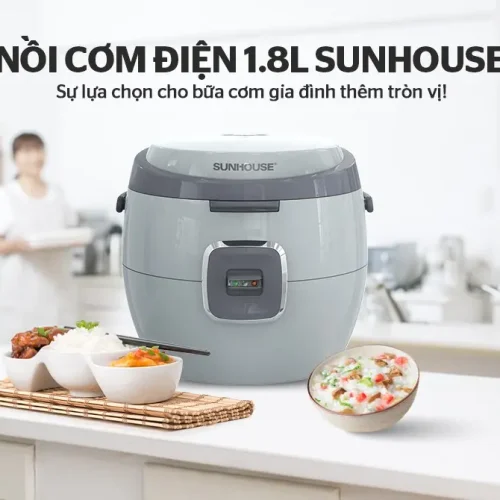 Nồi cơm điện SUNHOUSE SHD8663G 1.8 lít màu xanh xám trong gian bếp