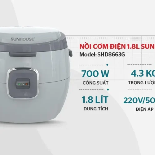 Nồi cơm điện SUNHOUSE SHD8663G màu xanh xám, công suất 700W, dung tích 1,8 lít