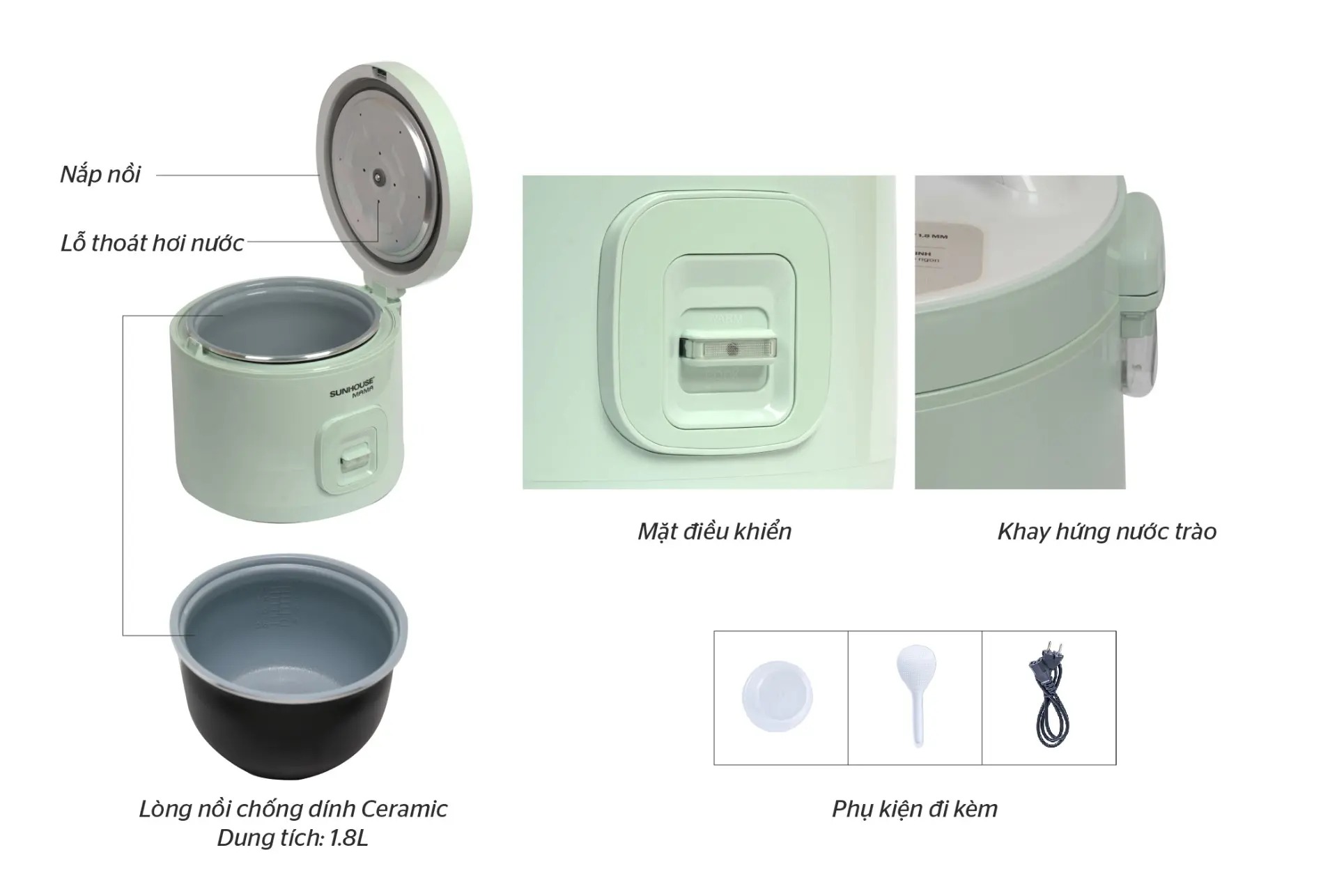 Nồi cơm điện SUNHOUSE SHD8665B - 900W, 1.8 lít - Ảnh 8
