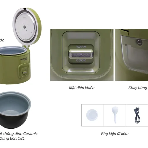 Chi tiết cấu tạo nồi cơm điện SUNHOUSE SHD8665G gồm nắp, lòng nồi, bảng điều khiển và khay hứng nước