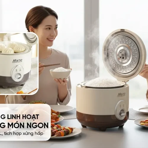 Nồi cơm điện SUNHOUSE SHD8667 mở nắp với cơm và xửng hấp