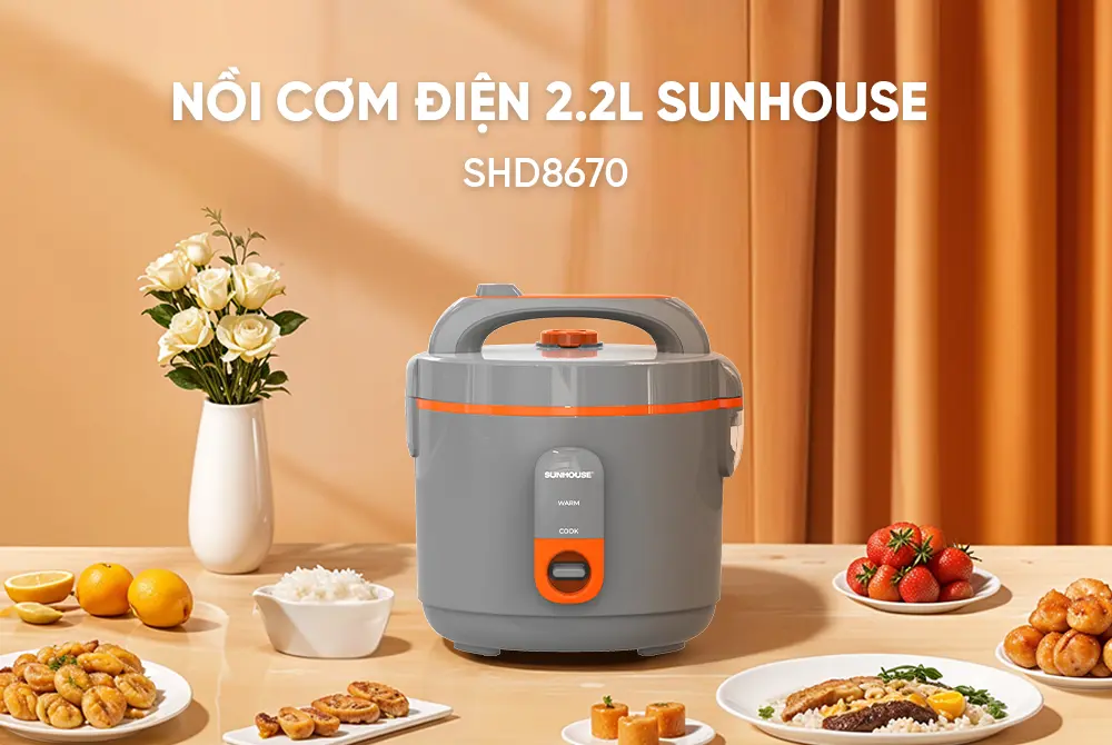 Nồi cơm điện SUNHOUSE SHD8670 2.2 lít màu xám cam chính diện