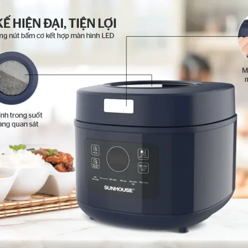 Nồi cơm điện SUNHOUSE SHD8802 màu xanh đậm với nắp kính, bảng điều khiển LED và nút mở nắp