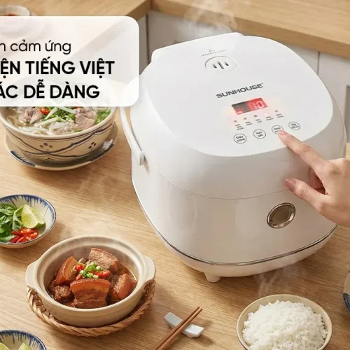 Nồi cơm điện SUNHOUSE SHD8803 màu trắng với bảng điều khiển cảm ứng tiếng Việt