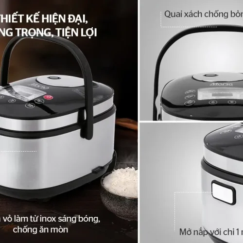 Nồi cơm điện SUNHOUSE SHD8903 màu bạc với quai xách chống bỏng và nút mở nắp