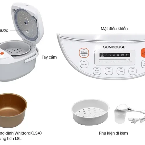 Nồi cơm điện SUNHOUSE SHD8906 1.8 lít với bảng điều khiển và phụ kiện