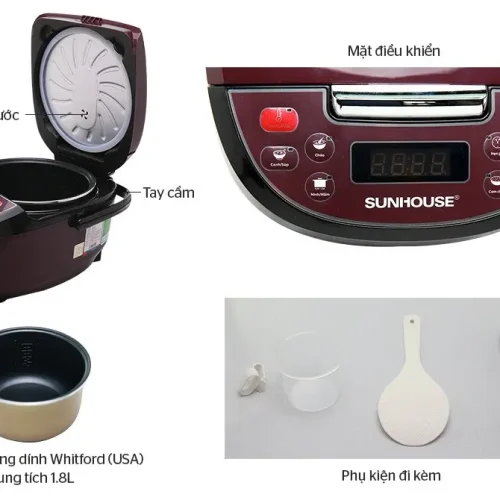 Chi tiết bảng điều khiển và phụ kiện nồi cơm điện SUNHOUSE SHD8909 1.8 lít
