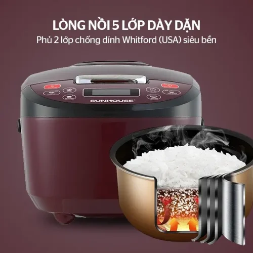 Nồi cơm điện SUNHOUSE SHD8909 cùng minh họa lòng nồi 5 lớp phủ chống dính Whitford