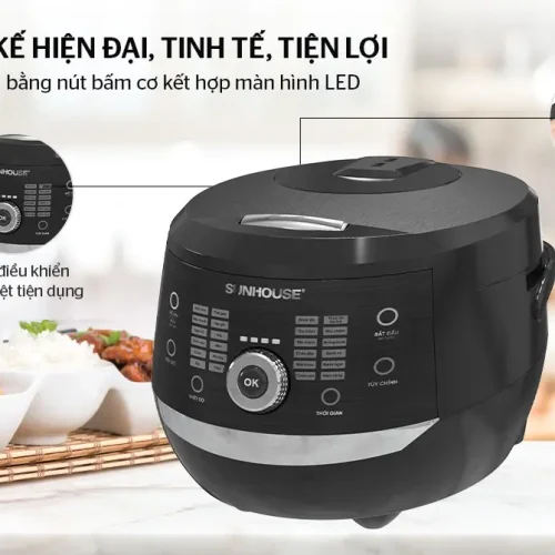 Nồi cơm điện SUNHOUSE SHD8911 màu đen với bảng điều khiển tiếng Việt và màn hình LED