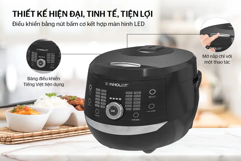 Nồi cơm điện SUNHOUSE SHD8911 màu đen với bảng điều khiển tiếng Việt và màn hình LED