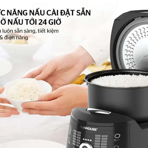 Nồi cơm điện SUNHOUSE SHD8911 mở nắp với cơm trắng, 21 chức năng nấu và hẹn giờ 24 giờ