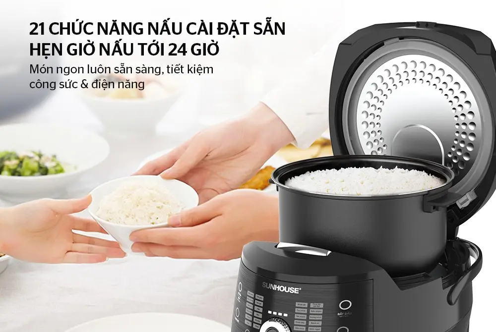 Nồi cơm điện SUNHOUSE SHD8911 mở nắp với cơm trắng, 21 chức năng nấu và hẹn giờ 24 giờ