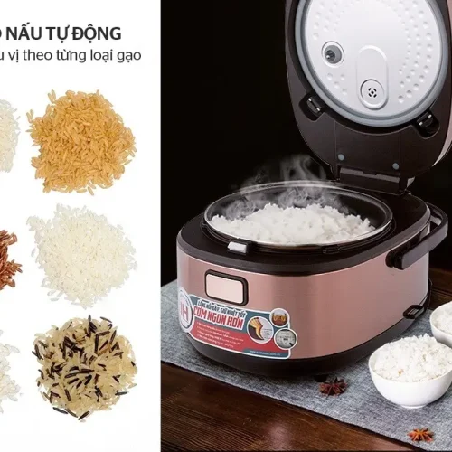 Nồi cơm điện SUNHOUSE SHD8915 màu hồng đang mở nắp, hiển thị 8 chế độ nấu tự động