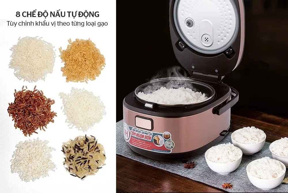 Nồi cơm điện SUNHOUSE SHD8915 màu hồng đang mở nắp, hiển thị 8 chế độ nấu tự động