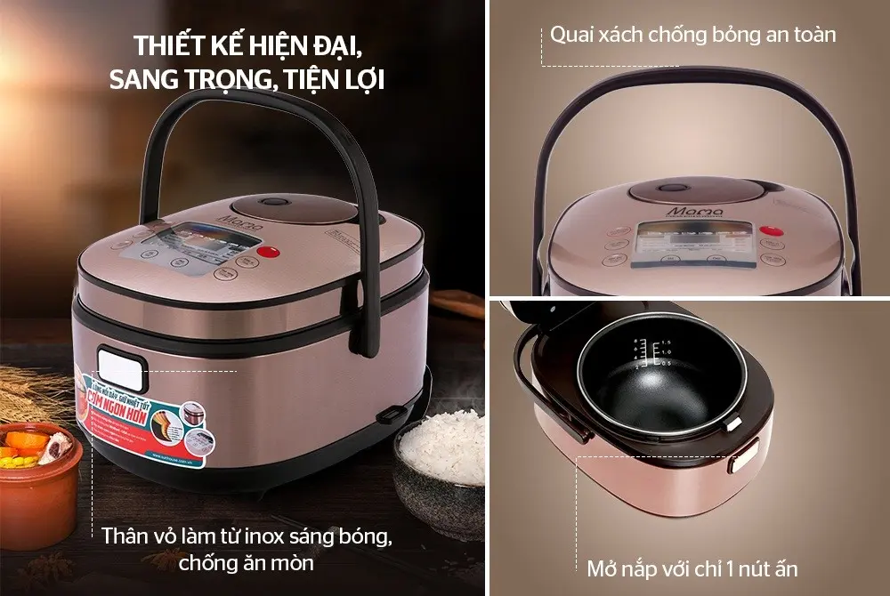 Nồi cơm điện SUNHOUSE SHD8915 màu hồng với quai xách chống bỏng, thân inox và lòng nồi bên trong