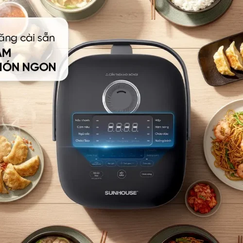 Nồi cơm điện SUNHOUSE SHD8923 màu đen nhìn từ trên xuống với bảng điều khiển điện tử