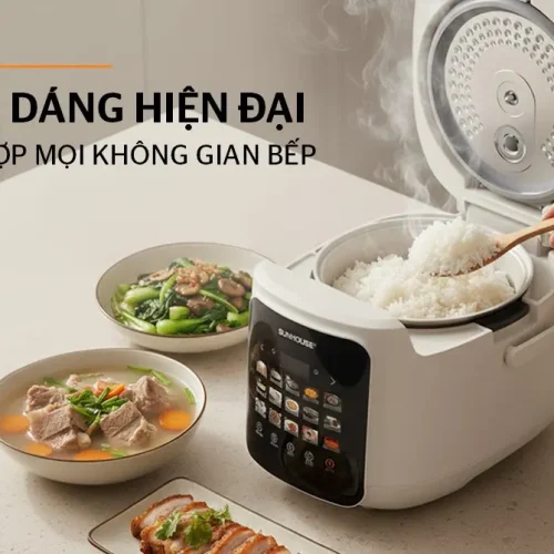 Nồi cơm điện cảm ứng SUNHOUSE SHD8925 đang mở nắp với cơm chín