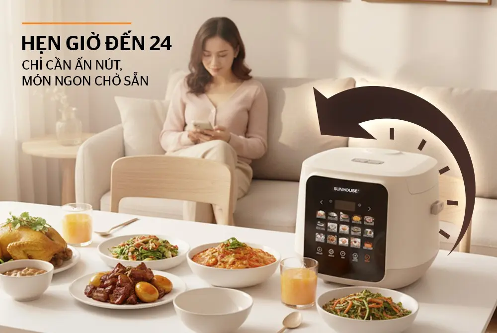 Nồi cơm điện SUNHOUSE SHD8925 với tính năng hẹn giờ nấu đến 24 giờ