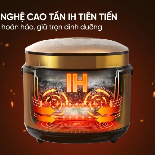Minh họa công nghệ cao tần IH của nồi cơm điện SUNHOUSE SHD8955 với luồng nhiệt tuần hoàn trong lòng nồi