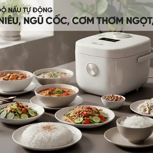 Nồi cơm điện SUNHOUSE SHD8957 màu trắng với các món ăn minh họa 10 chế độ nấu tự động