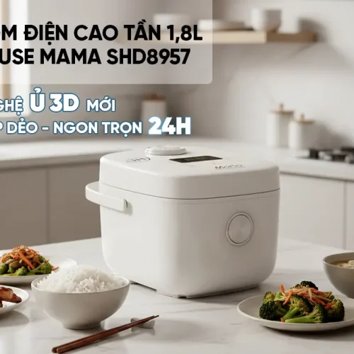 Nồi cơm điện cao tần SUNHOUSE Mama SHD8957 màu trắng trong không gian bếp