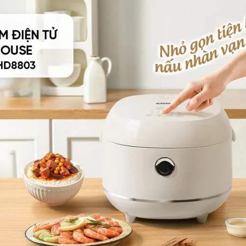 Nồi cơm điện tử SUNHOUSE SHD8803 1 lít màu trắng, bảng điều khiển trên nắp