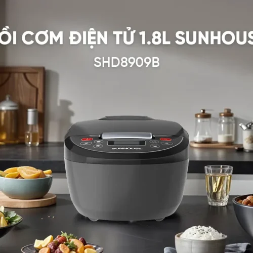 Nồi cơm điện tử SUNHOUSE SHD8909B màu xám 1.8 lít đặt trên bàn bếp