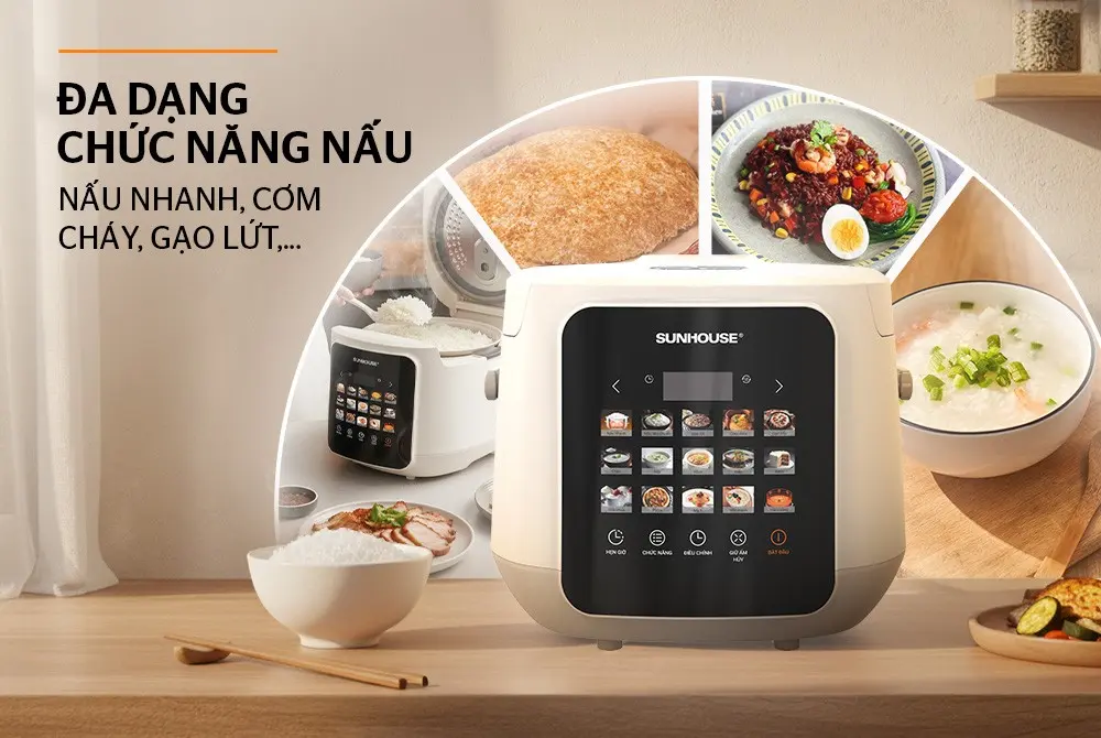 Nồi cơm điện tử SUNHOUSE SHD8925 màu kem, bảng điều khiển cảm ứng đa chức năng