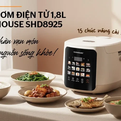 Nồi cơm điện tử SUNHOUSE SHD8925 1.8 lít trong không gian bàn ăn