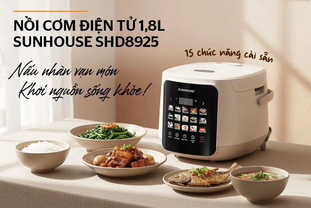 Nồi cơm điện tử SUNHOUSE SHD8925 1.8 lít trong không gian bàn ăn